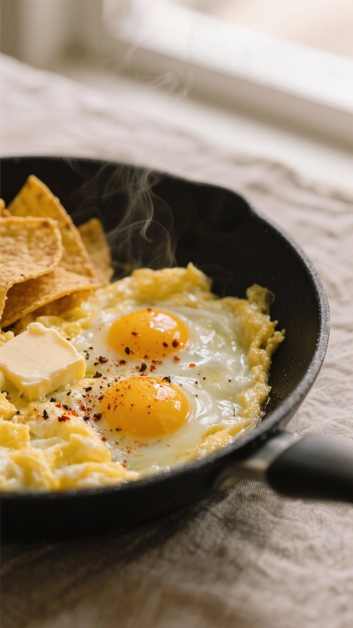 Close-up detail shot: Soft-scrambled eggs being gently folded in a nonstick skillet with butter, sho