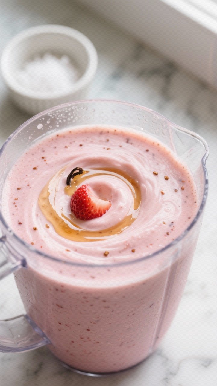 Close-up detail shot: Thick, creamy strawberry yogurt smoothie mid-blend in a clear blender jar, sho