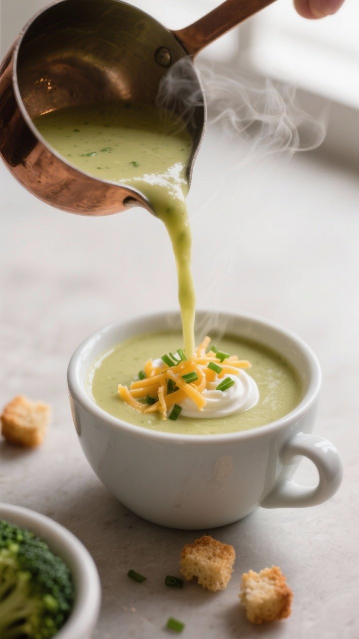 Close-up detail: Silky broccoli cheddar soup being poured from a small ladle into warm 2-ounce espre