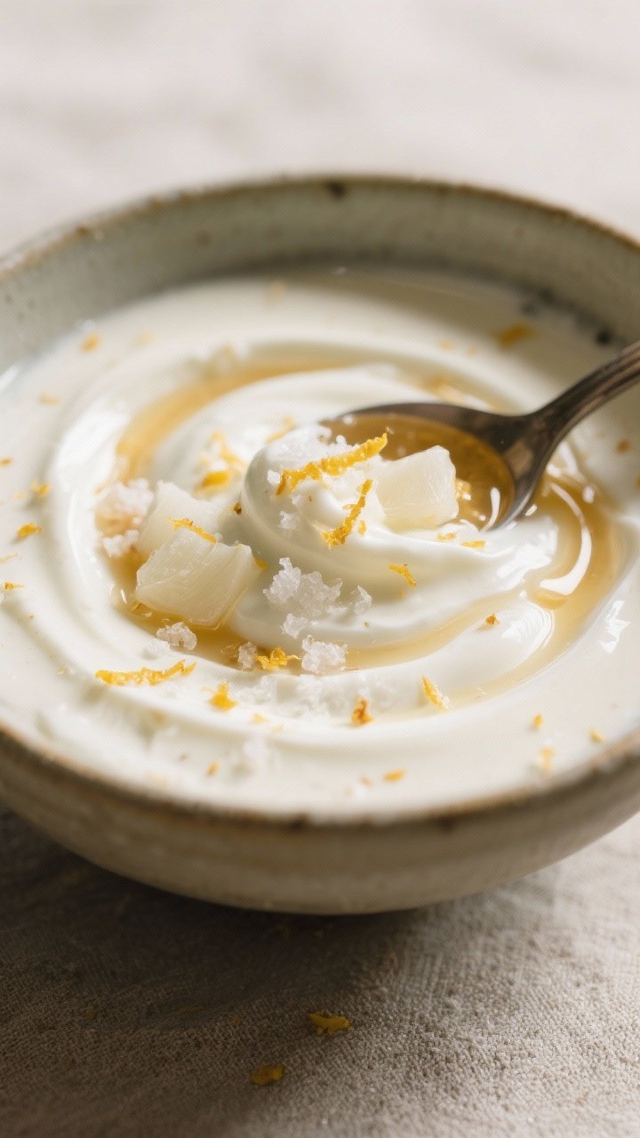 Close-up detail: Silky Buddha’s Hand Yogurt Zest just after chilling, spoon-swirled in a ceramic b