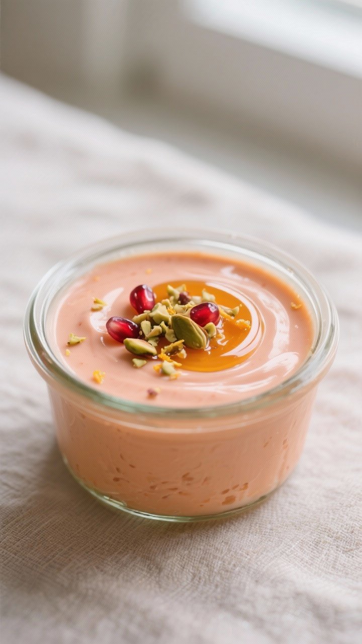 Close-up detail: Silky persimmon yogurt pudding just set in a small glass jar, surface ultra-smooth