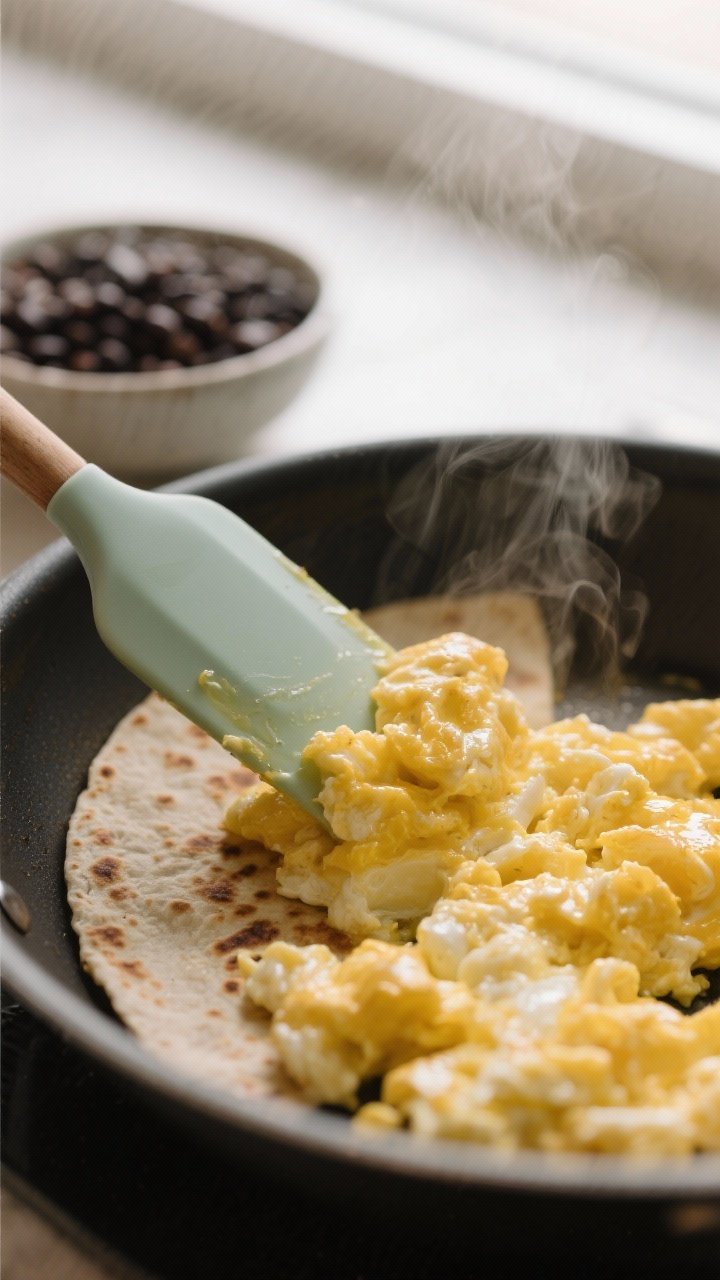 Close-up detail: Soft scrambled eggs being gently pushed across a nonstick pan with a silicone spatu
