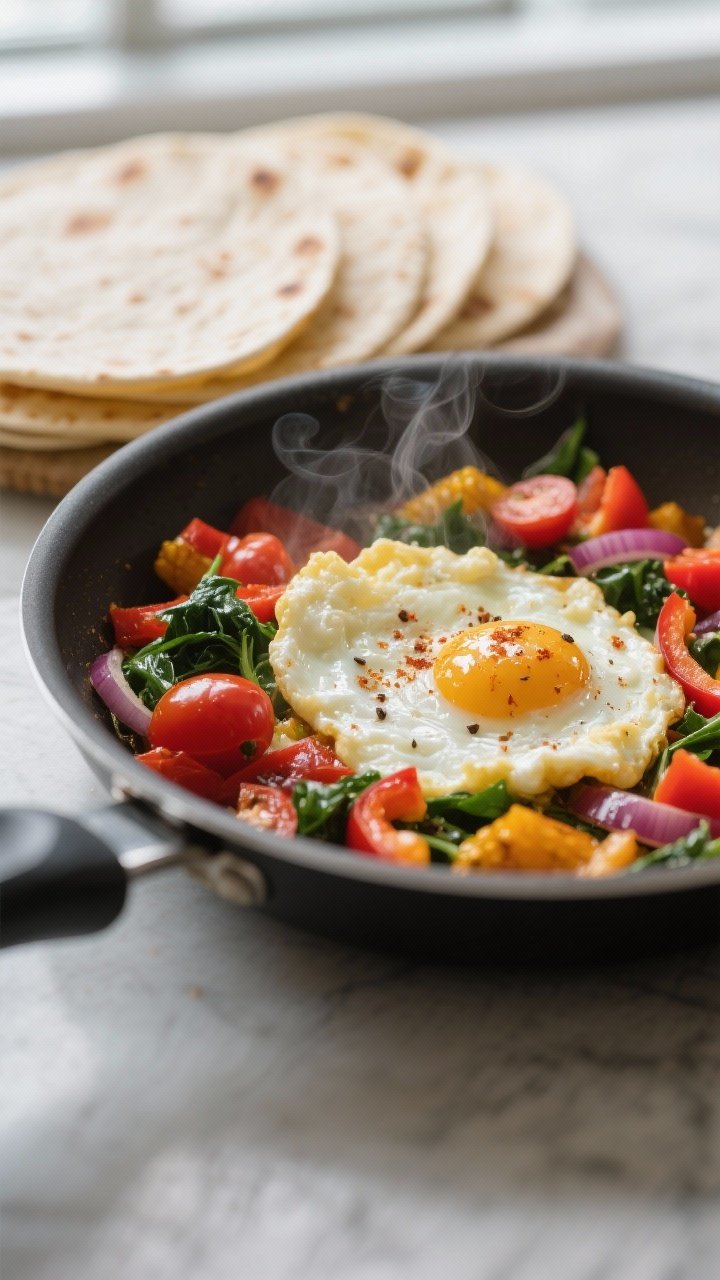 Close-up detail: Soft-scrambled eggs folded into sautéed bell peppers, cherry tomatoes, red onion, 