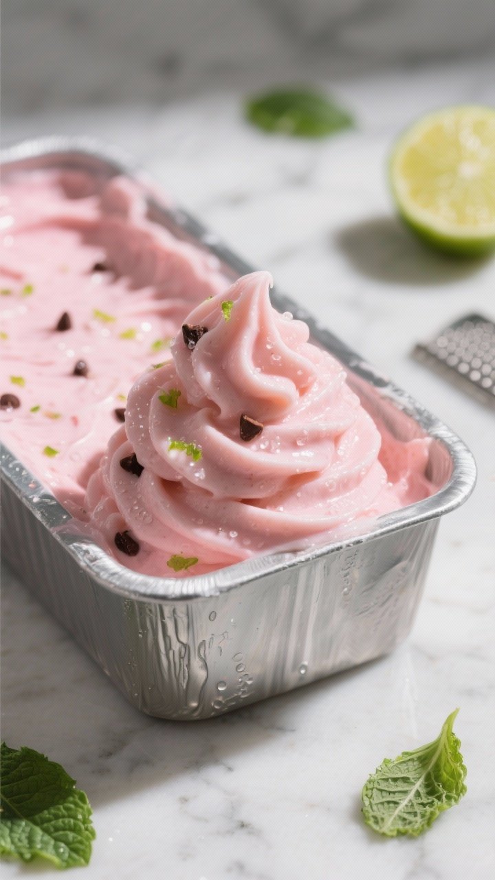 Close-up detail: Soft-serve texture Watermelon Yogurt Freeze just scooped from a chilled metal loaf