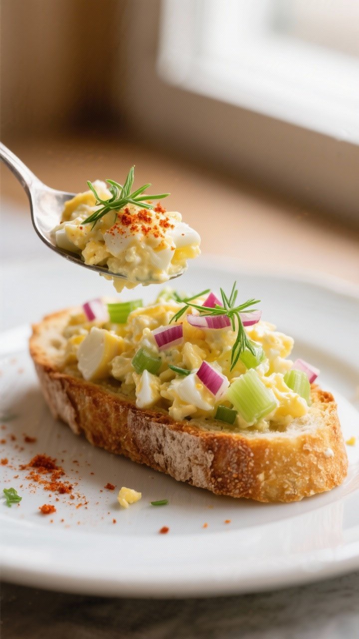 Close-up detail: Spoon mounding bright, tangy egg salad into a freshly toasted boat; creamy chopped 