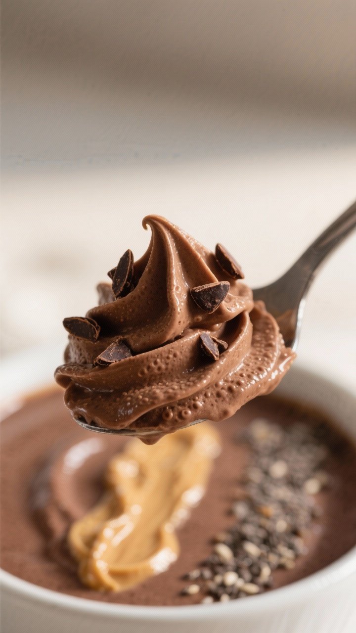 Close-up detail – spoonable texture: Extreme close-up of a spoon lifting a mound of the chocolate-