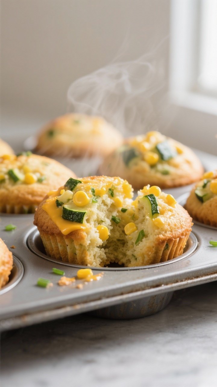 Close-up detail: Steaming zucchini & corn muffins just out of the oven in a greased metal muffin tin