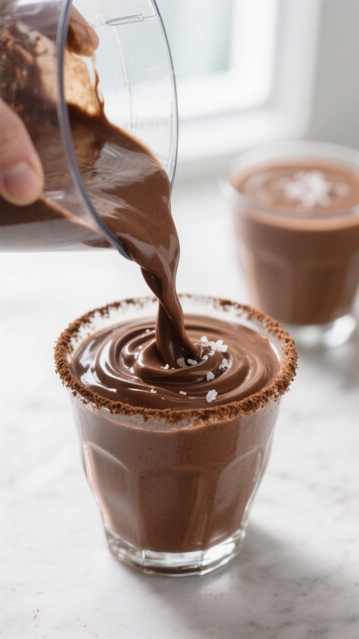 Close-up detail: Thick chocolate avocado pudding smoothie being poured from a blender into a chilled