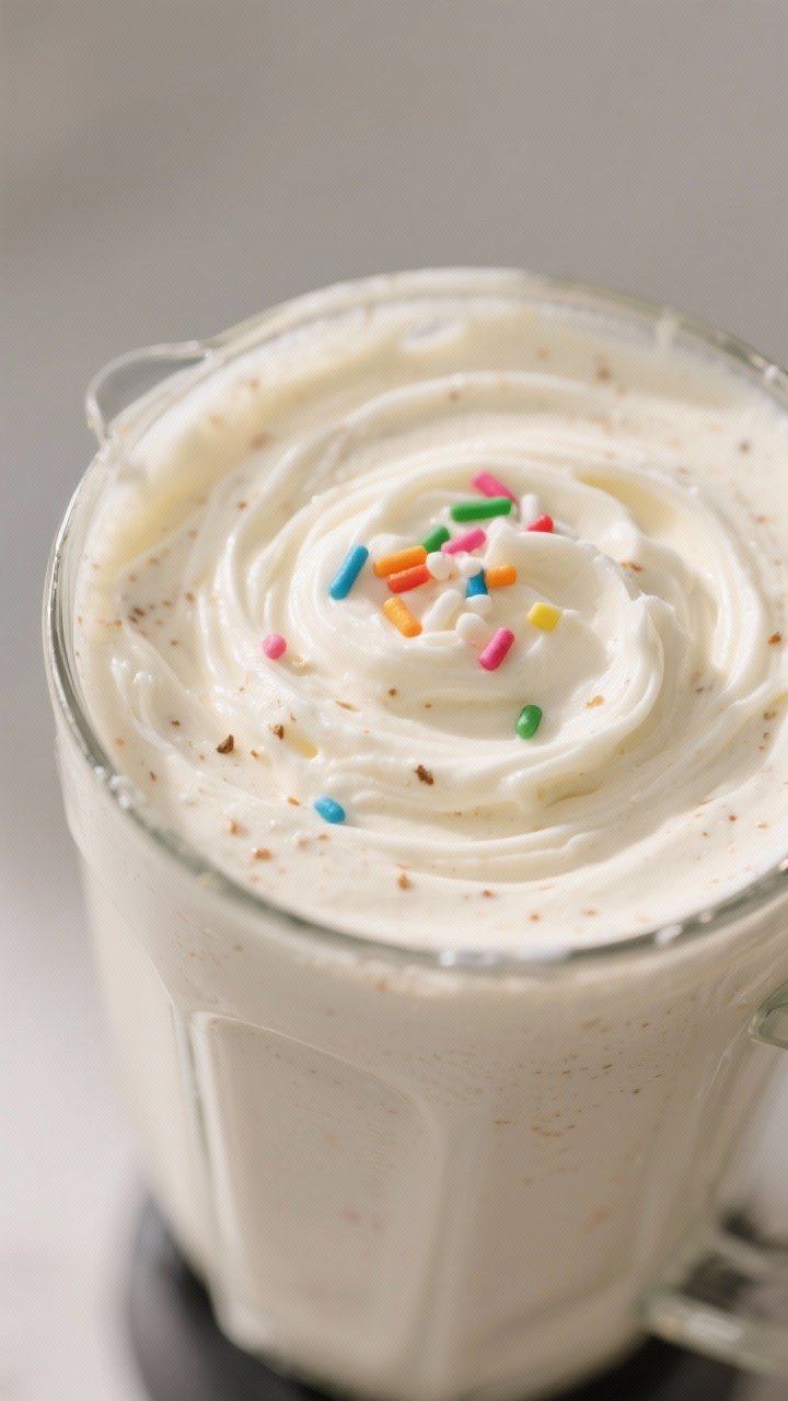 Close-up detail: Thick, creamy Birthday Cake Smoothie mid-blend in a high-speed blender jar, silky t
