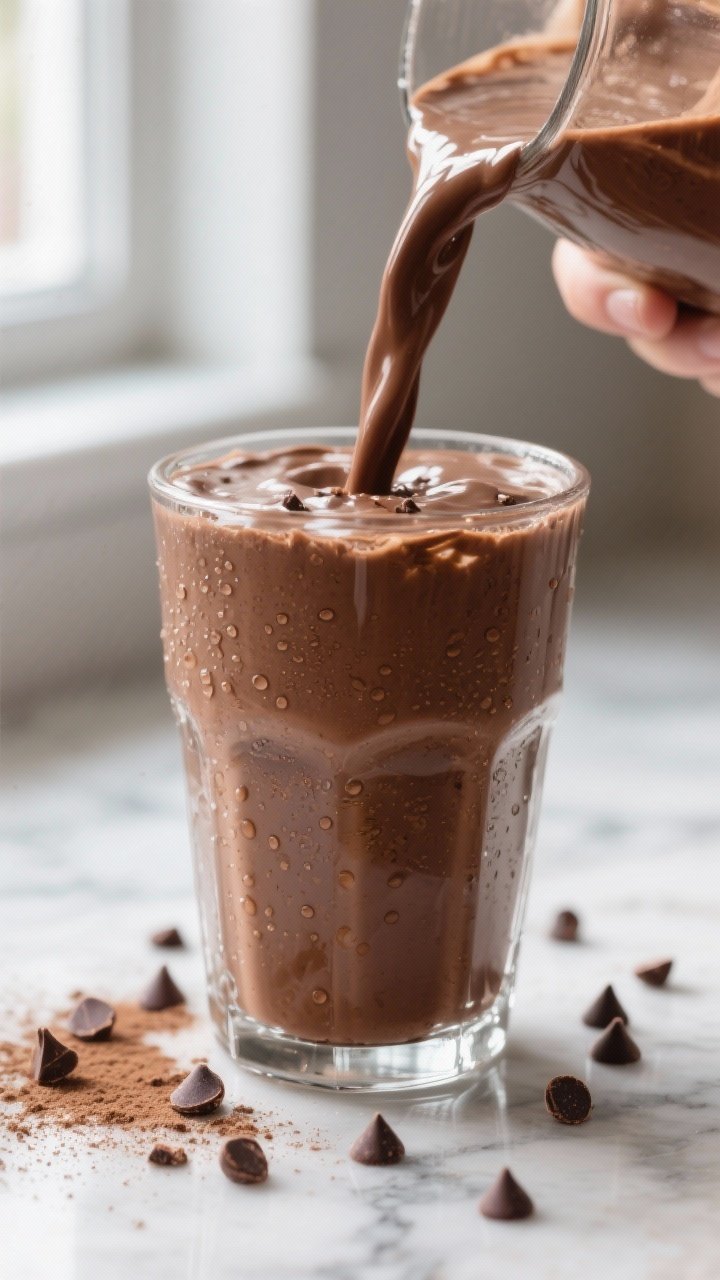 Close-up detail: Thick, creamy Brownie Batter Smoothie mid-pour into a chilled clear glass, glossy r