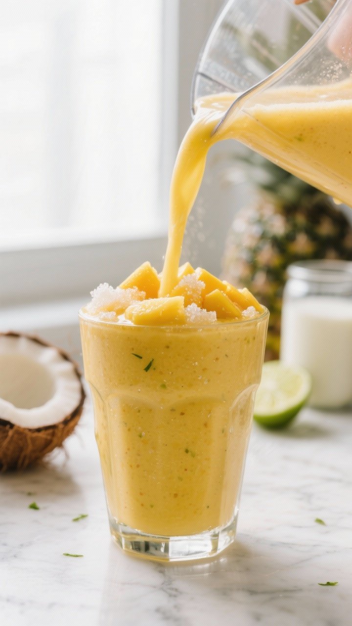 Close-up detail: Thick, creamy Mango Pineapple Paradise smoothie streaming from a blender spout into