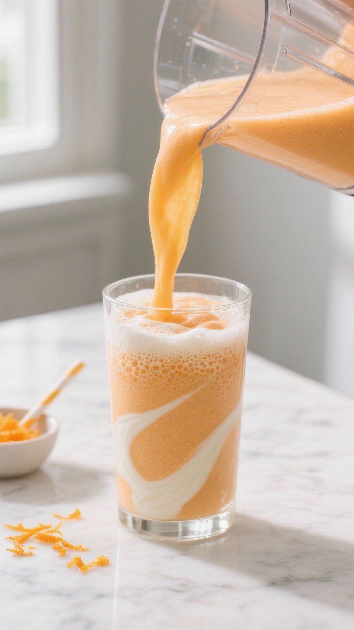 Close-up detail: Thick, creamy Orange Creamsicle Smoothie being poured in a silky ribbon from a blen