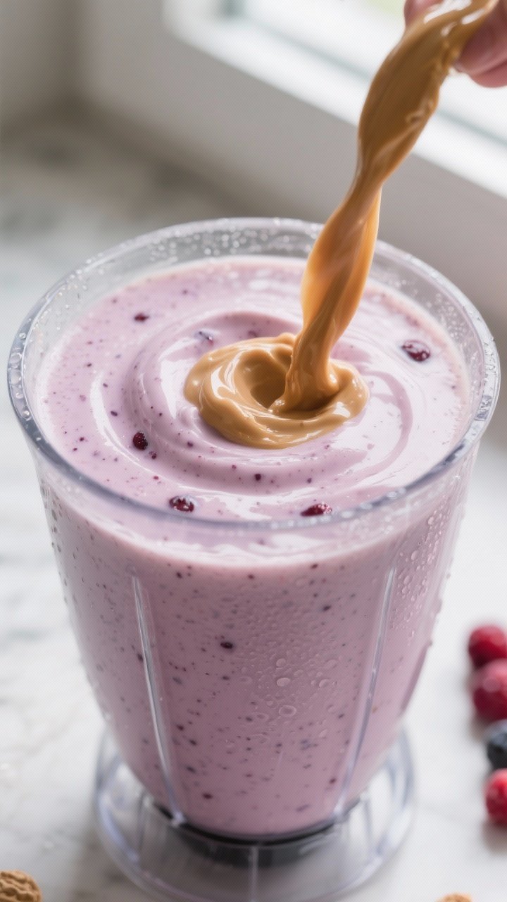 Close-up detail: Thick, creamy Peanut Butter & Jelly Smoothie mid-blend inside a clear blender jar, 