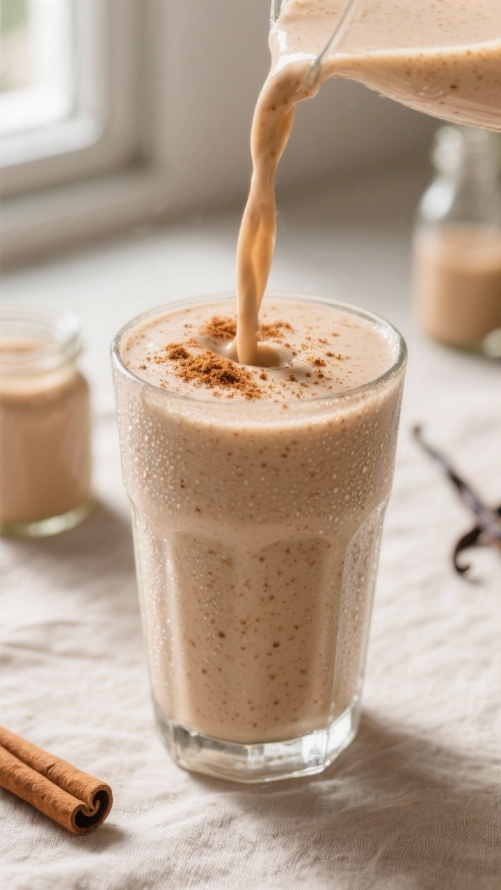 Close-up detail: Thick, creamy Snickerdoodle Smoothie mid-pour into a chilled clear glass, ribbons o