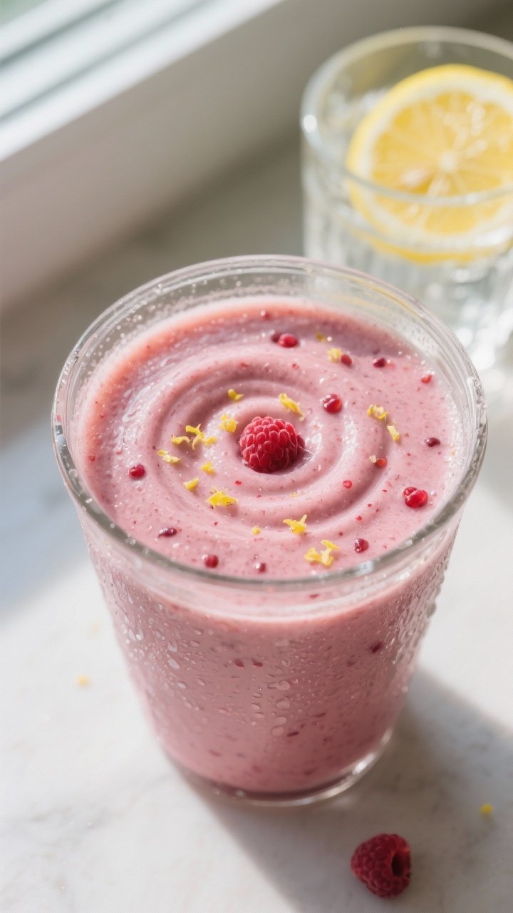 Close-up detail: Thick, frosty raspberry lemonade smoothie mid-blend in a clear blender jar, vortex 