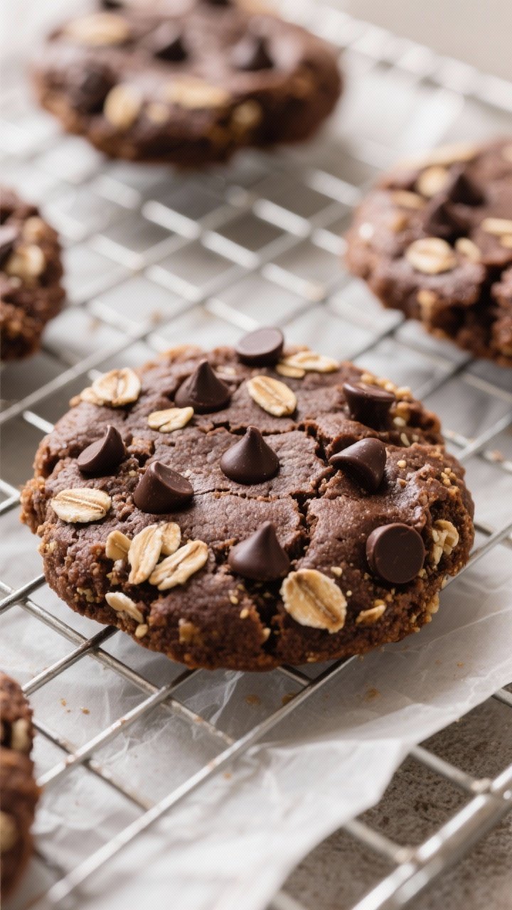 Close-up detail: Thick, just-baked double-chocolate breakfast cookies cooling on a wire rack, edges 
