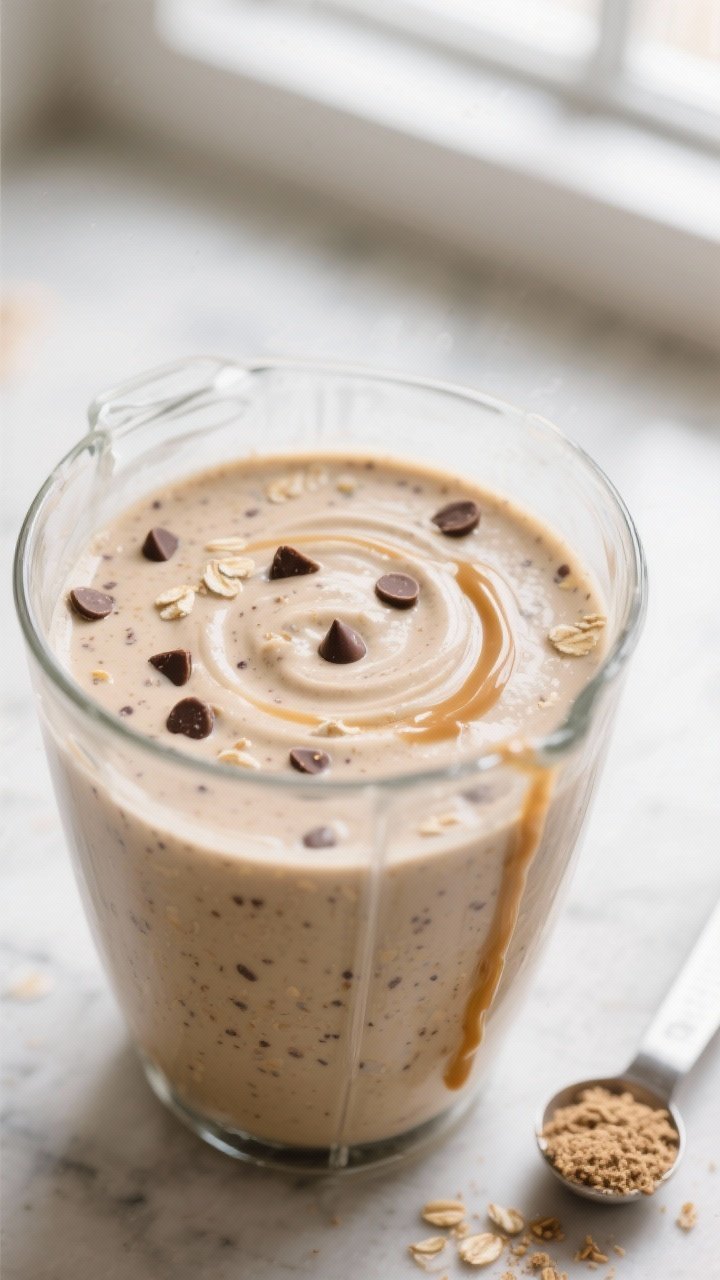 Close-up detail: Thick Monster Cookie Smoothie mid-blend in a glass blender jar, creamy beige base s