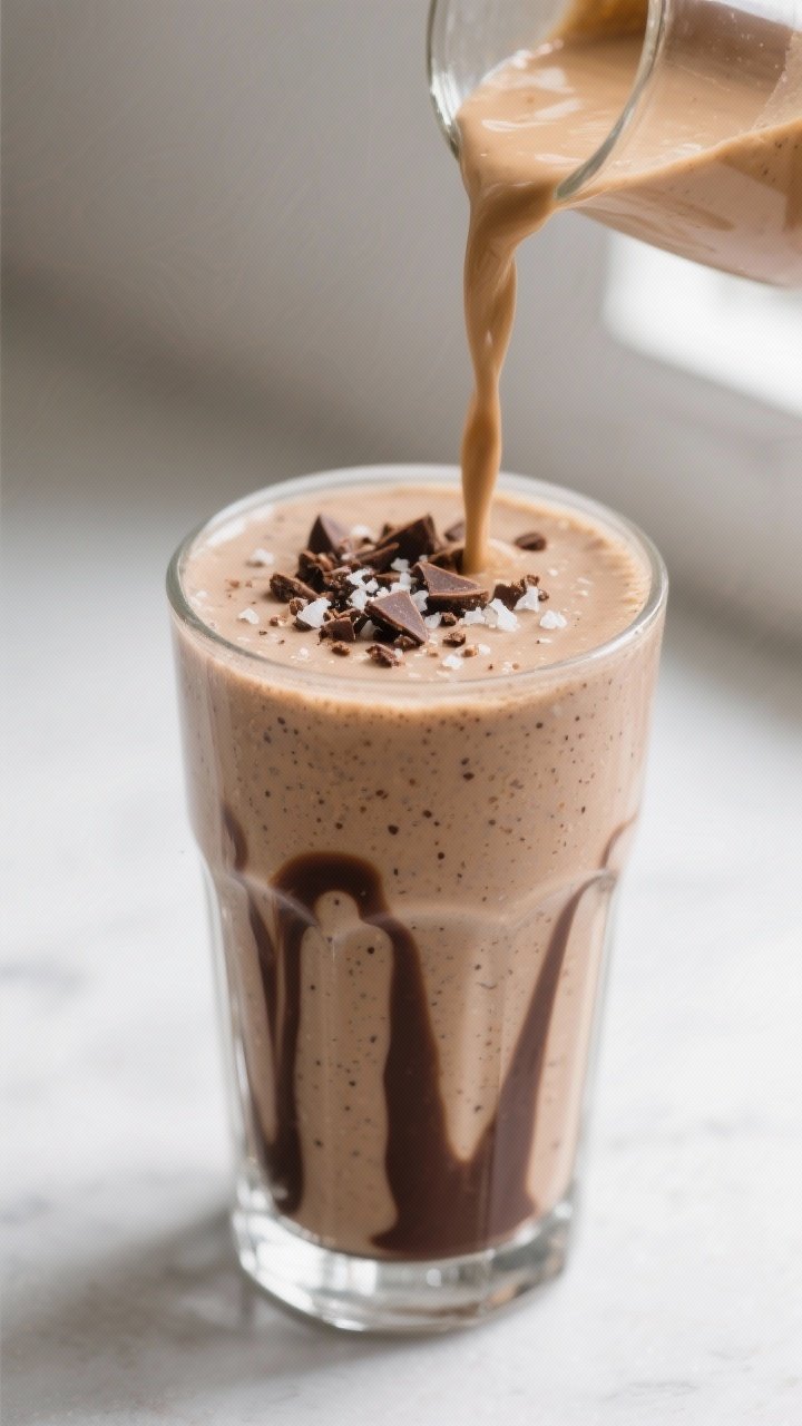 Close-up detail: Thick peanut butter cup smoothie being poured into a chilled, clear highball glass