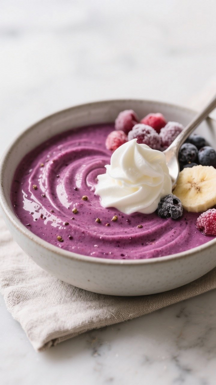 Close-up detail: Thick, scoopable berry smoothie bowl base being swirled smooth in a matte ceramic b