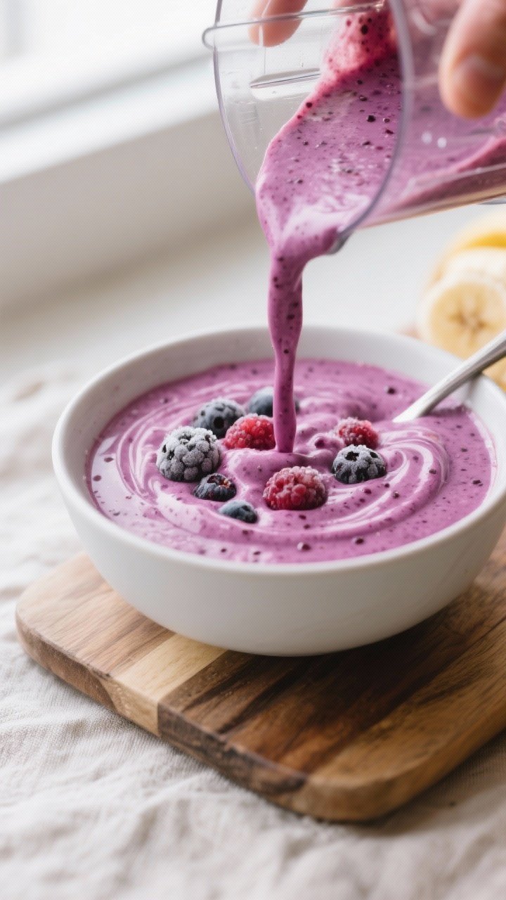 Close-up detail: Thick, spoonable mixed berry yogurt smoothie being poured from a blender into a mat