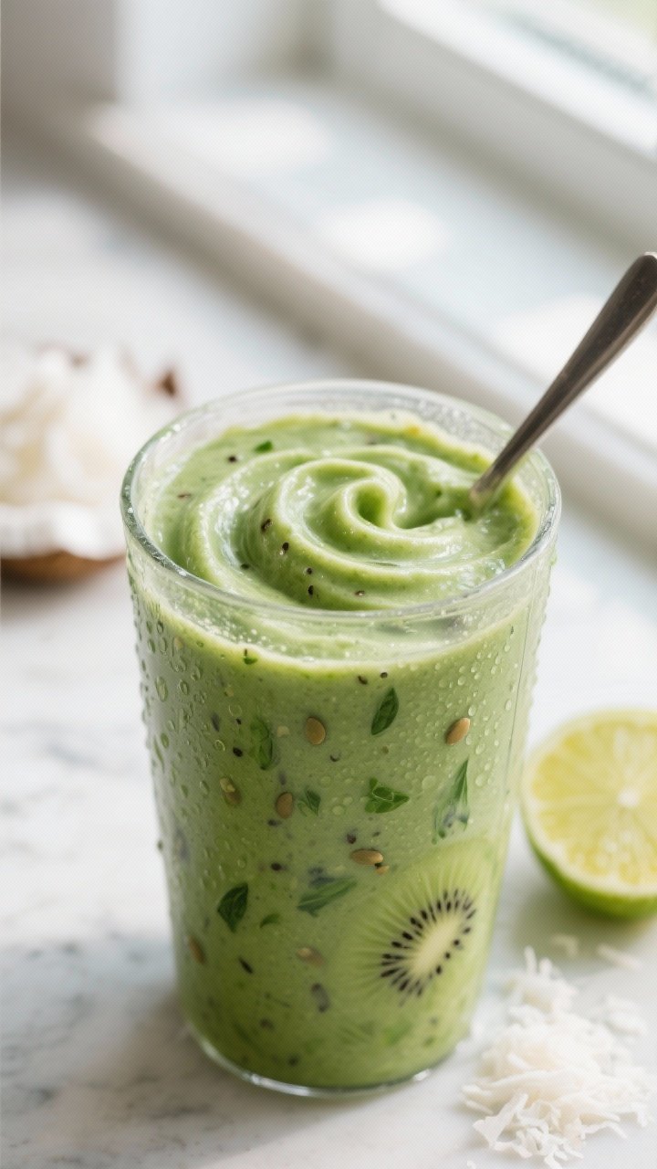 Close-up detail: Thick, spoonable Tropical Green Power Smoothie being swirled in a blender jar right