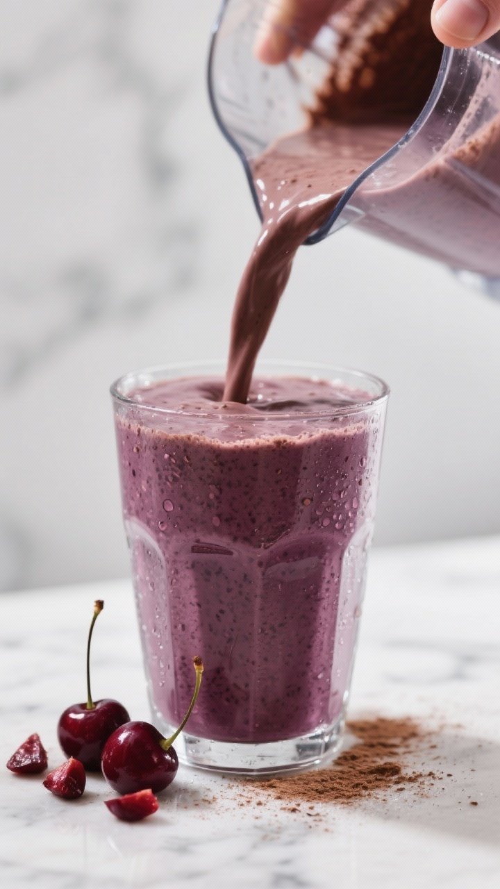 Close-up detail: Thick, velvety Chocolate Cherry Smoothie mid-pour from a blender into a chilled cle