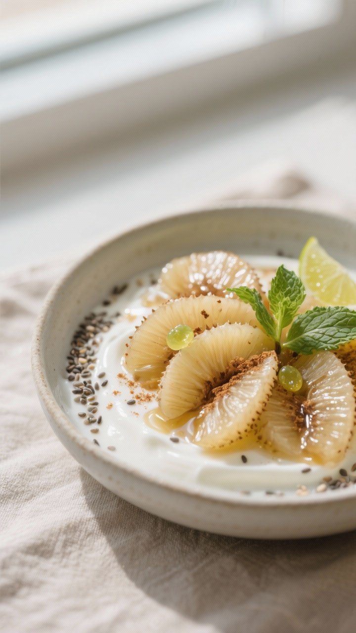 Close-up detail: Thinly fanned salak (snake fruit) slices nestled into glossy, lightly honey-sweeten