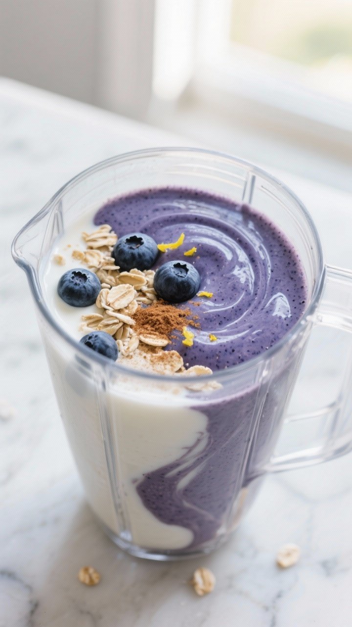 Close-up detail: Velvety Blueberry Muffin Smoothie mid-blend in a clear blender jar, captured from a
