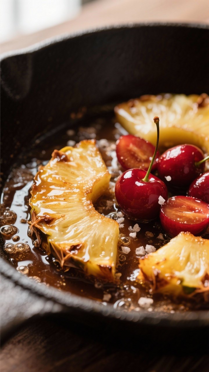 Close-up detail: Warm, caramelized pineapple half-moons and a few halved maraschino cherries sizzlin
