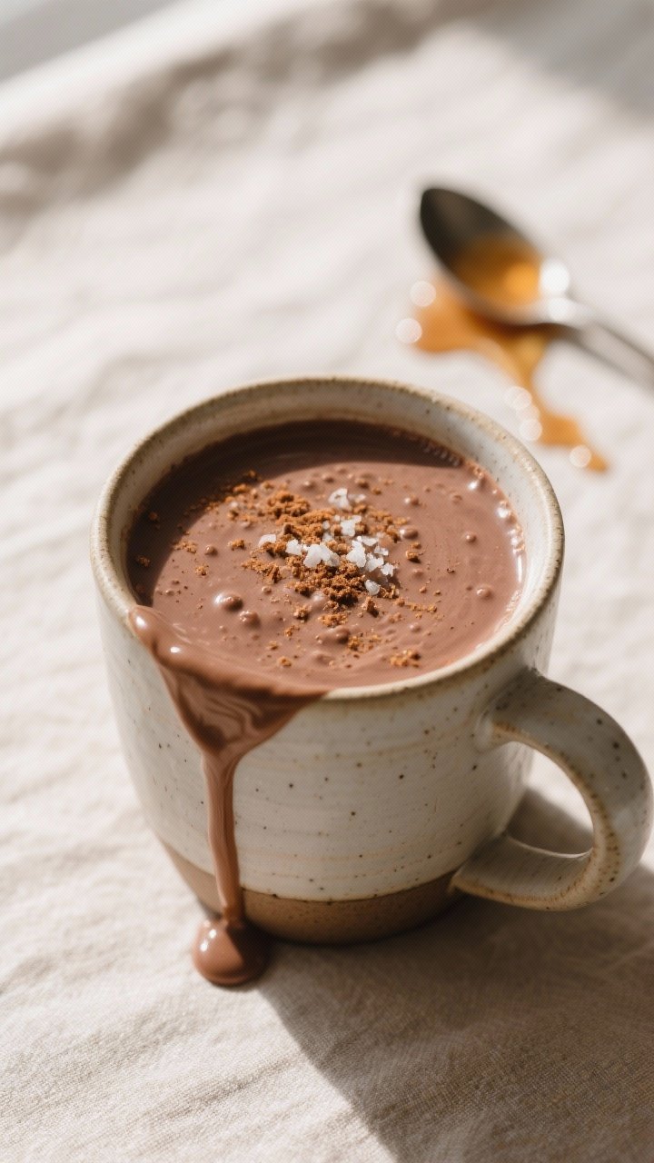 Close-up detail: Warm hot chocolate smoothie just poured into a ceramic mug, silky frothy surface wi