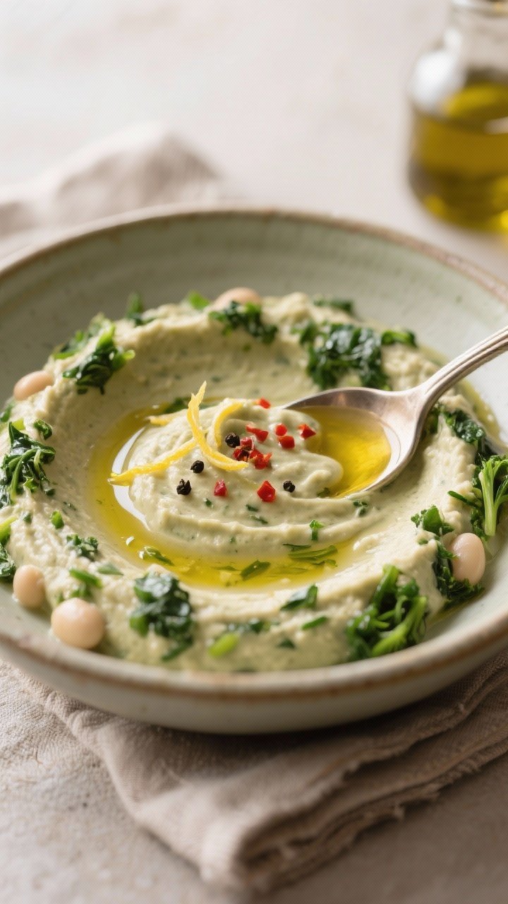Close-up detail: Warm rapini & white bean dip just out of the processor, spoon-swirled in a shallow 