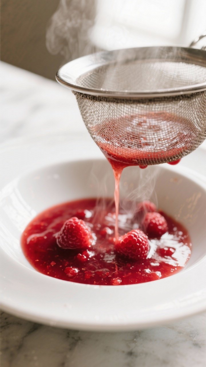 Close-up detail: Warm raspberry sauce being pressed through a fine mesh sieve into a white bowl, glo