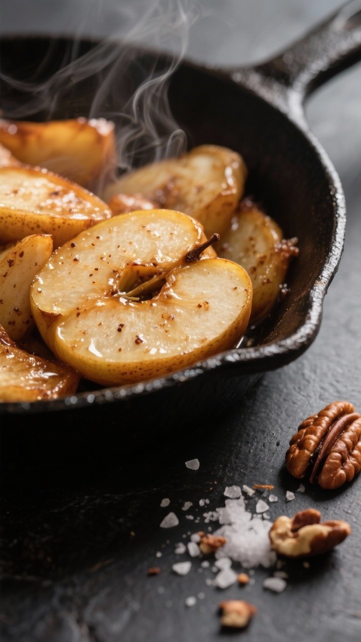 Close-up detail: Warm sautéed cinnamon apples just off the skillet, glistening with a light butter 