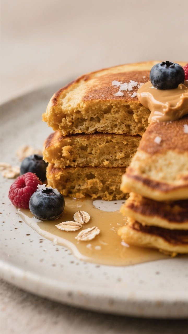 Close-up plated texture focus: Cross-section of a halved pancake stack showing ultra-fluffy crumb an