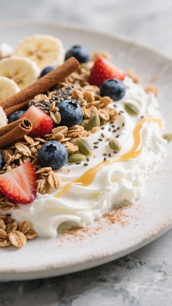 Close-up sweet version, dessert-like finish: Whipped (blended) cottage cheese swirled into a velvety