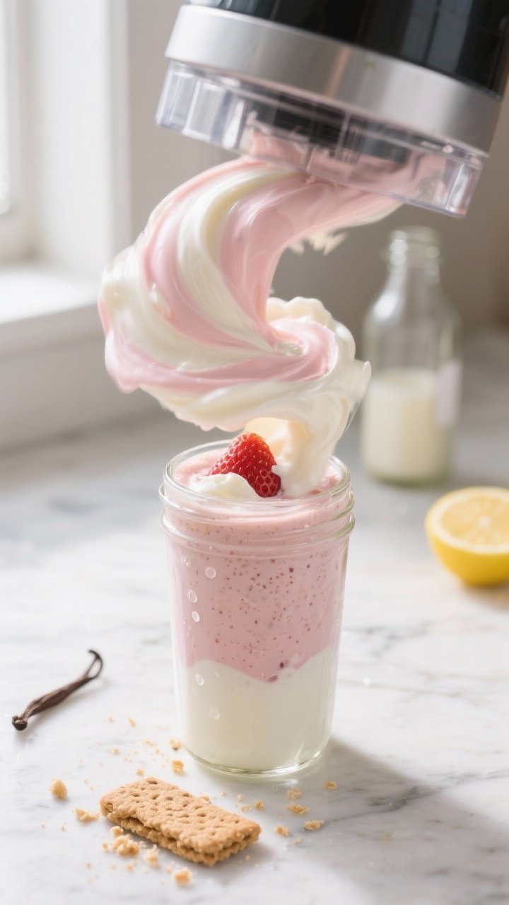 Cooking process: A high-speed blender mid-blend, creamy strawberry cheesecake smoothie swirling into