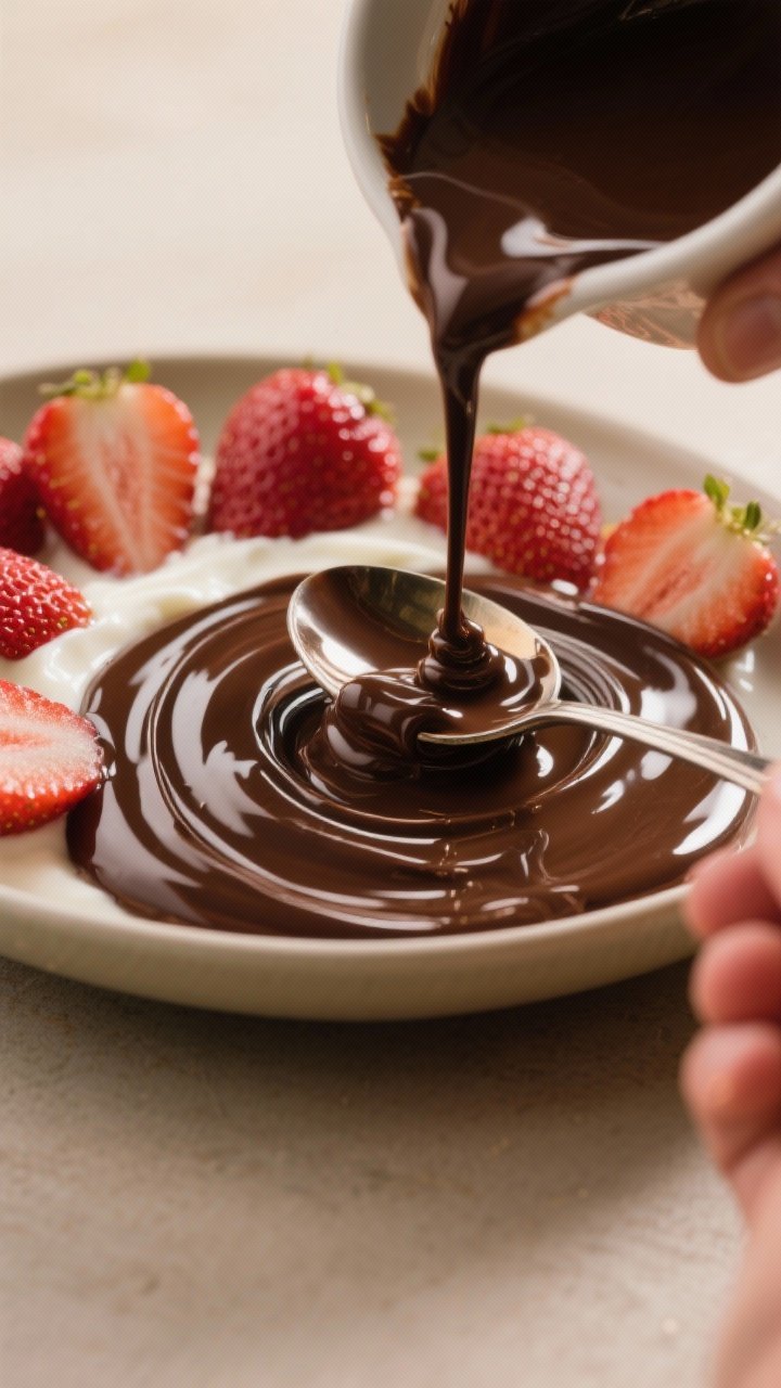 Cooking process action: The melted dark chocolate (with a touch of oil) being poured and spread into