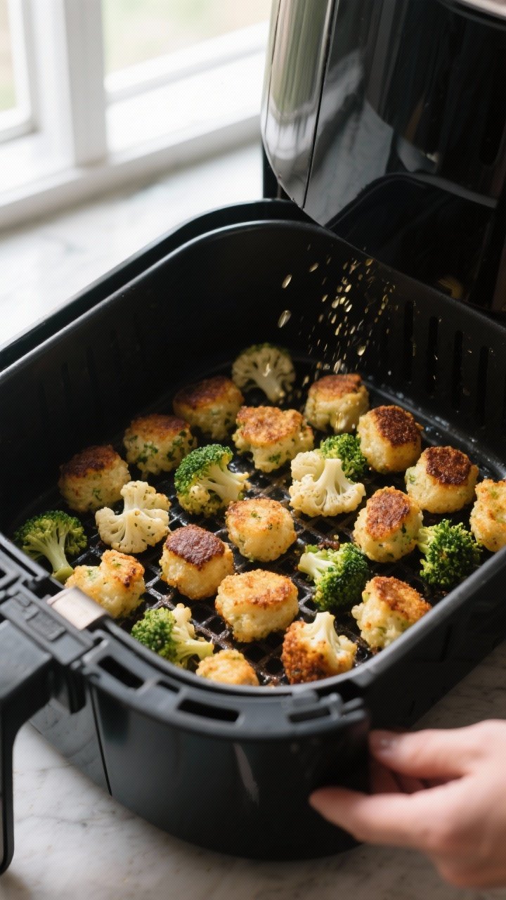 Cooking process: Air fryer basket filled with a single layer of neatly spaced Cauliflower & Broccoli