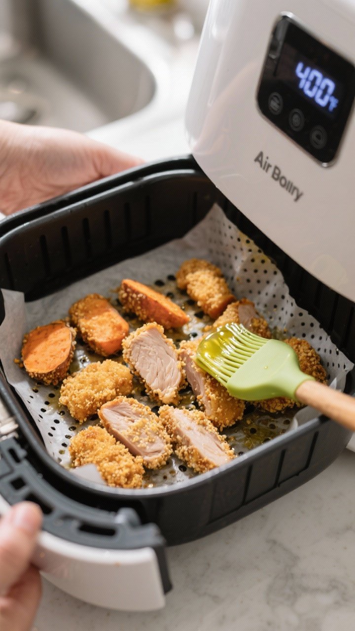 Cooking process: Air fryer basket filled with a single layer of coated Turkey & Sweet Potato Nuggets