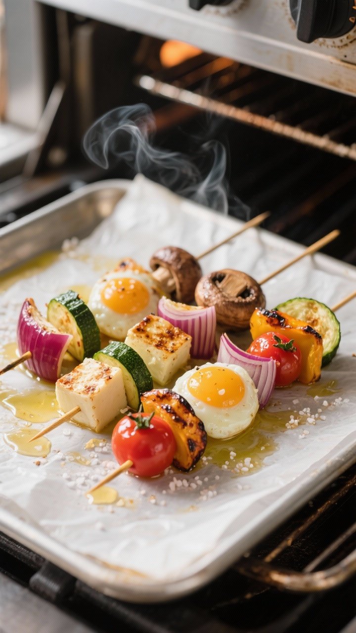 Cooking process: Assembled breakfast skewers under the broiler on a parchment-lined sheet pan, edges