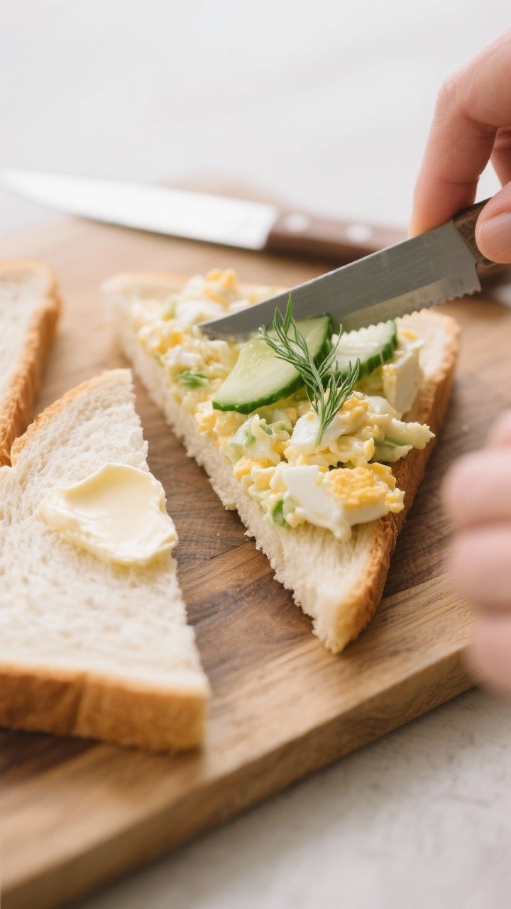 Cooking process: Assembling egg salad sandwich triangles on a board—soft white sandwich bread ligh