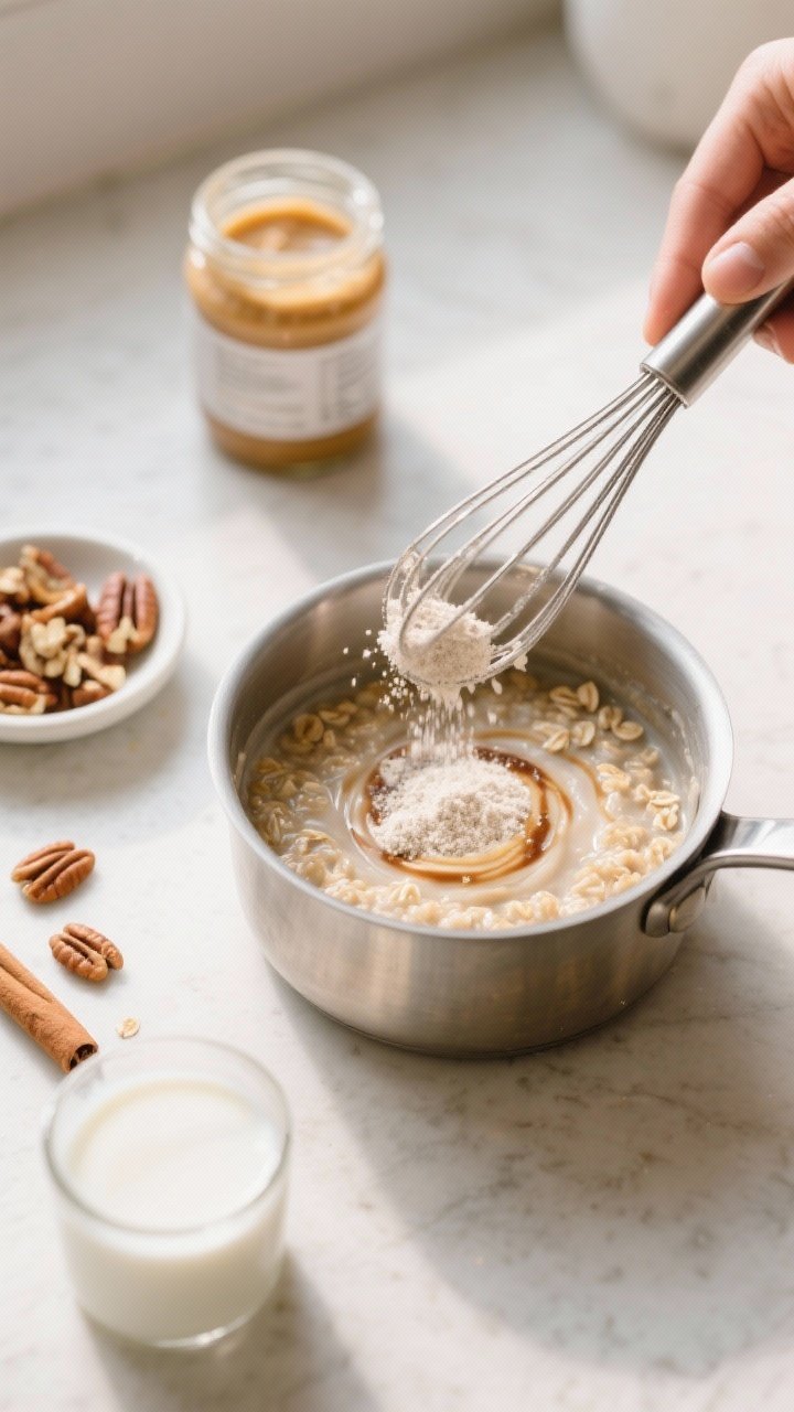 Cooking process: Banana Nut Oatmeal being whisked off heat in a small stainless saucepan as vanilla 