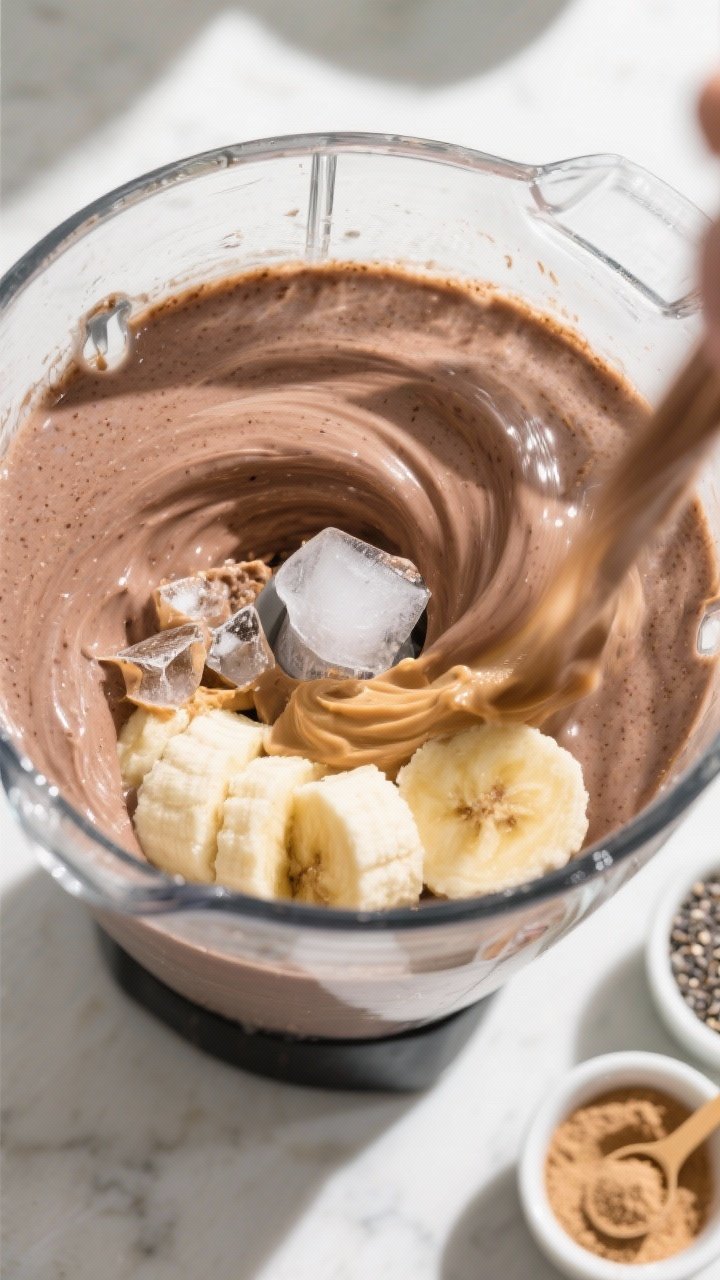 Cooking process: Blender jar in mid-blend showing the smoothie’s transformation from chunky to sil