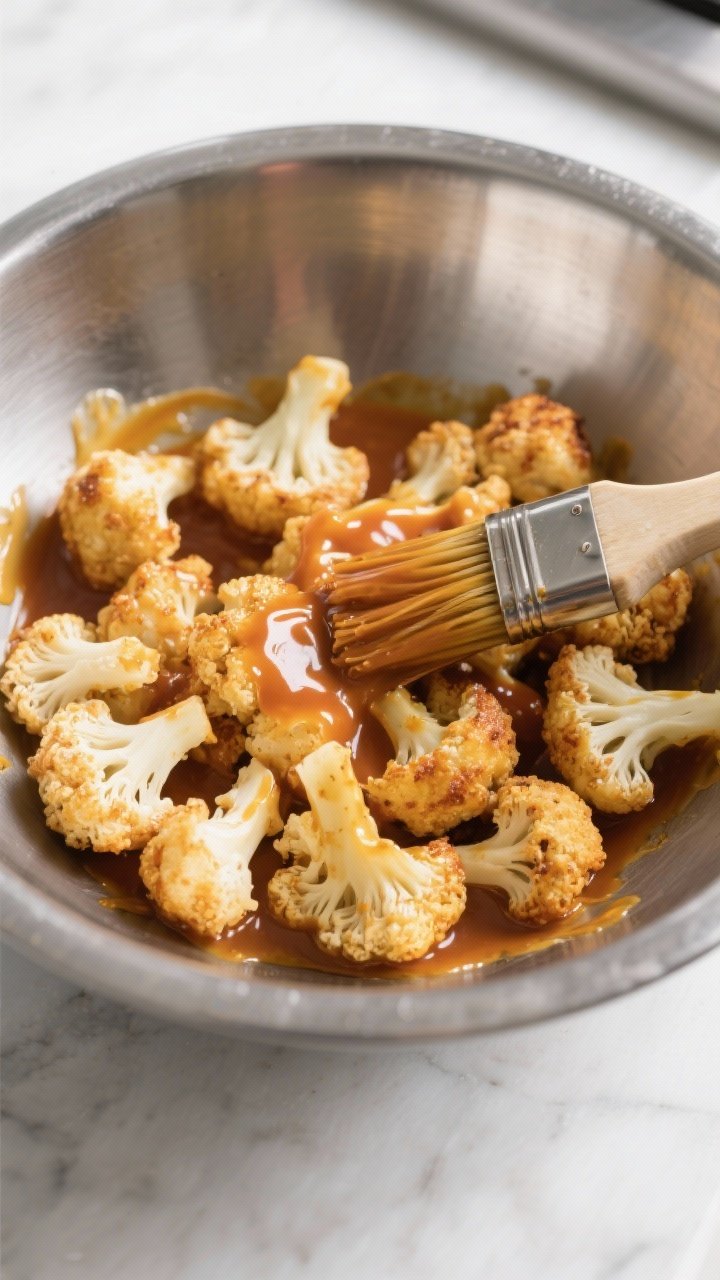 Cooking process: Cauliflower bites mid-sauce step—florets in a wide stainless bowl being evenly co
