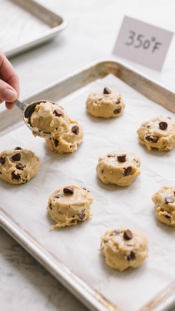 Cooking process: Chilled cookie dough scoops being placed onto a parchment-lined baking sheet before