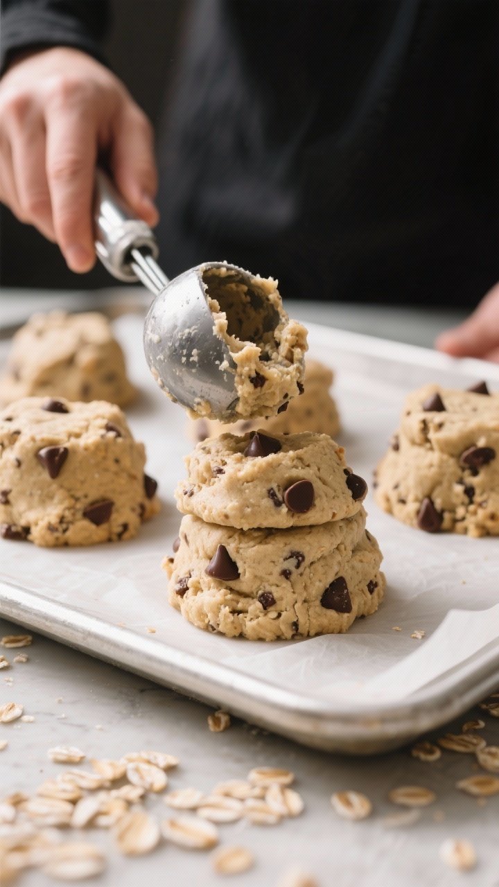 Cooking process: Chilled dough scoops being portioned onto a parchment-lined baking sheet, tall moun