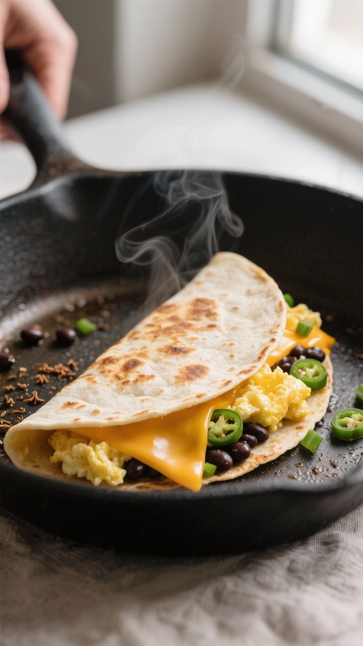 Cooking process close-up: A half-folded breakfast quesadilla toasting in a nonstick skillet over med