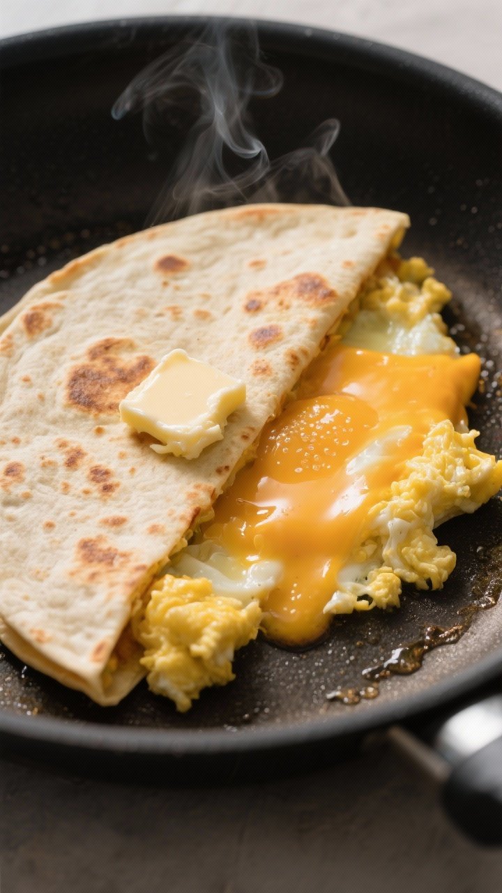 Cooking process close-up: A half-moon egg-and-cheese breakfast quesadilla sizzling in a nonstick ski