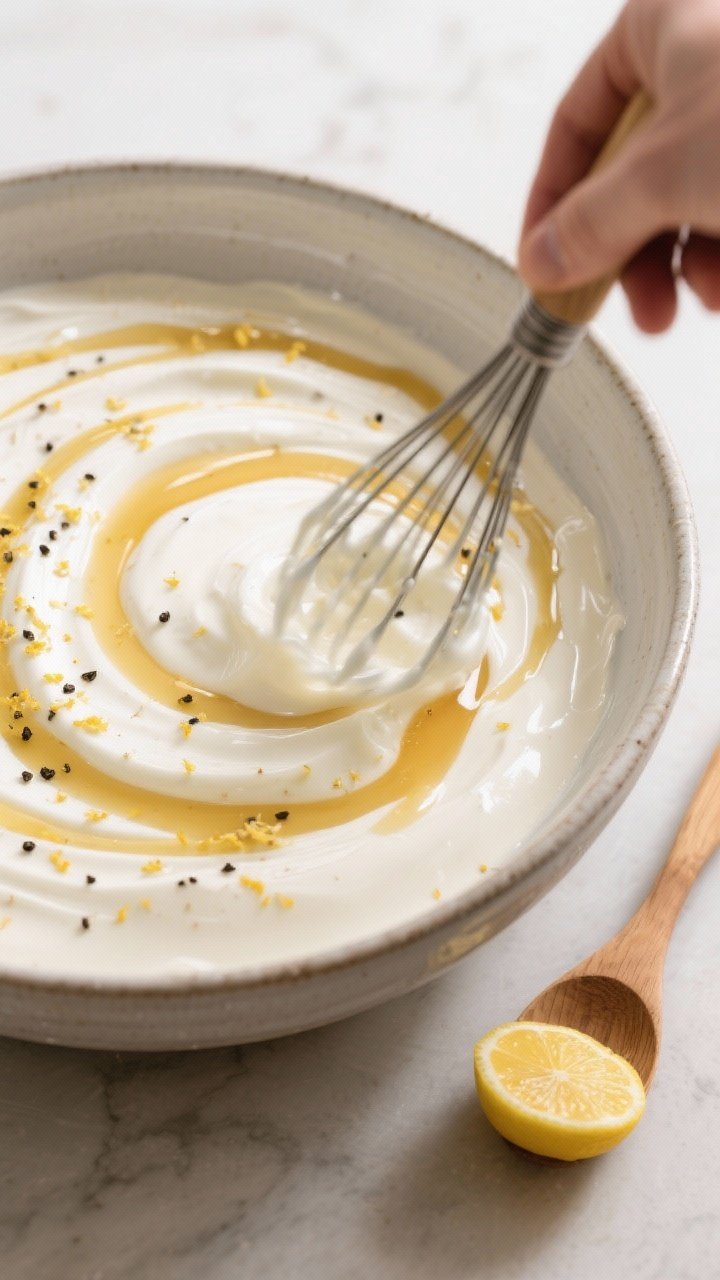 Cooking process close-up: A large ceramic mixing bowl with glossy Greek yogurt dressing being whiske