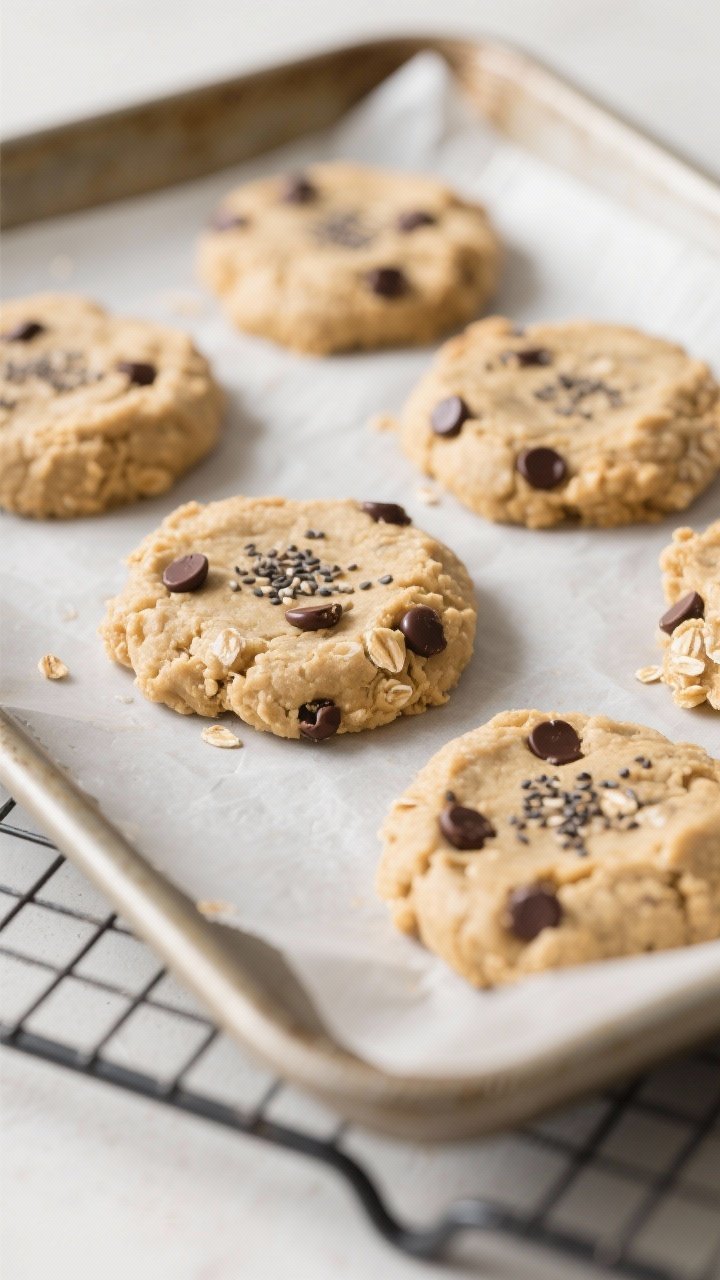 Cooking process close-up: A parchment-lined baking sheet with freshly scooped and slightly flattened